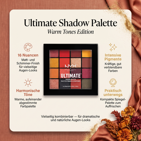 NYX Ultimate Shadow Palette Phoenix, Vorteile-Grafik zu 16 Nuancen, intensiven Pigmenten und Spiegel