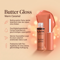 NYX Butter Gloss Lipgloss in warmem Pfirsich-Karamell, Vorteile-Grafik zu buttriger Textur und Applikator