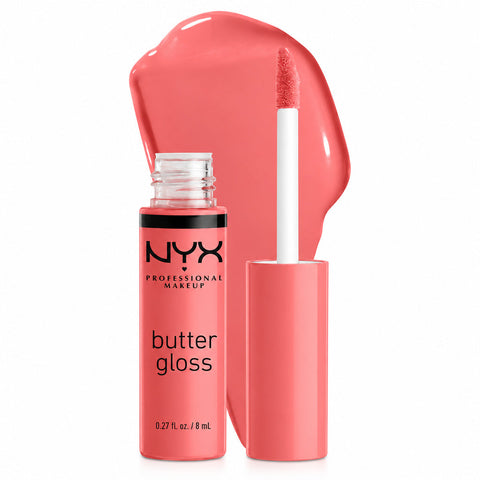 NYX Butter Gloss Lipgloss Crème Brûlée in warmem Korallrosa mit Applikator und Farbtupfer, Pack-Shot