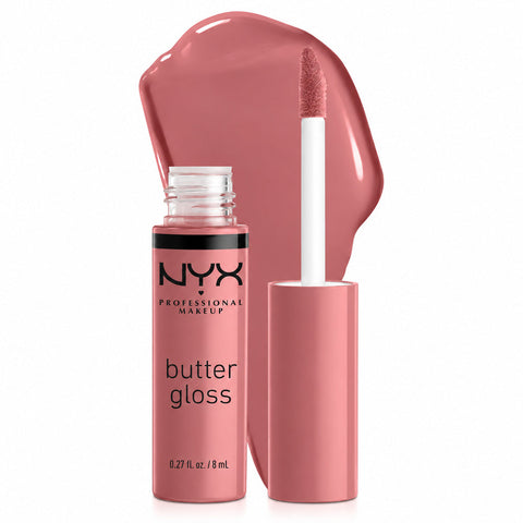 NYX Butter Gloss Lipgloss Tiramisu in gedecktem Rosenholz mit Applikator und Farbtupfer, Pack-Shot