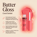 NYX Butter Gloss Lipgloss in Korallrosa, Vorteile-Grafik zu nicht klebender Formel und seidiger Textur