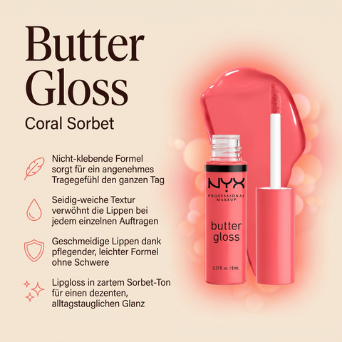 NYX Butter Gloss Lipgloss in Korallrosa, Vorteile-Grafik zu nicht klebender Formel und seidiger Textur