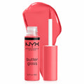 NYX Butter Gloss Lipgloss Sorbet in leuchtendem Korallrosa mit Applikator und Farbtupfer, Pack-Shot