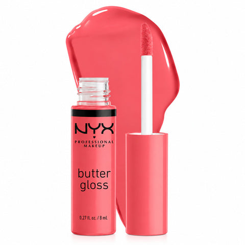 NYX Butter Gloss Lipgloss Sorbet in leuchtendem Korallrosa mit Applikator und Farbtupfer, Pack-Shot