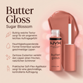 NYX Butter Gloss Lipgloss in Pfirsich-Nude, Vorteile-Grafik zu buttriger Textur und Soft-Flex-Applikator