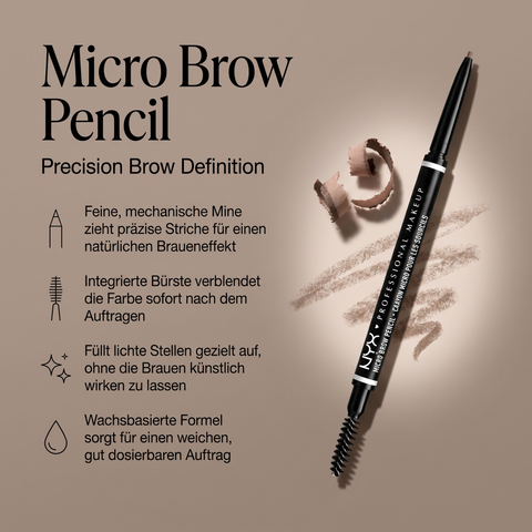 NYX Micro Brow Pencil Augenbrauenstift mit Bürste, Vorteile-Grafik mit Farbstrichen und Minenspänen
