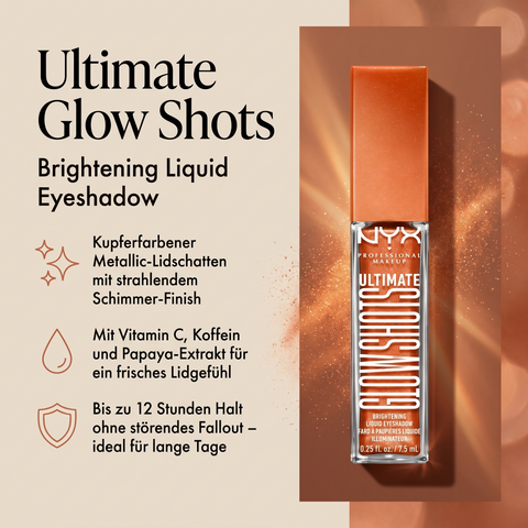 NYX Glow Shots flüssiger Lidschatten in Kupfer-Metallic, Vorteile-Grafik mit Pigmentstaub-Hintergrund