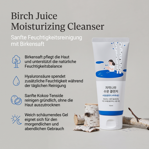 Round Lab Birch Juice Reinigungsgel vor Birkenholz, daneben Vorteile zu Birkensaft, Hyaluronsäure und Schaum