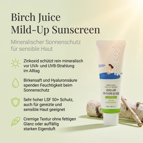 Round Lab Birch Juice Mild-Up Sonnencreme vor Birkenholz, daneben Vorteile zu Zinkoxid und LSF 50+