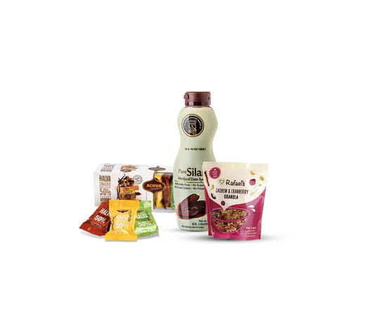 Genuss-Kombi: Cashew-Cranberry Granola, Dattelsirup & Feine Halva