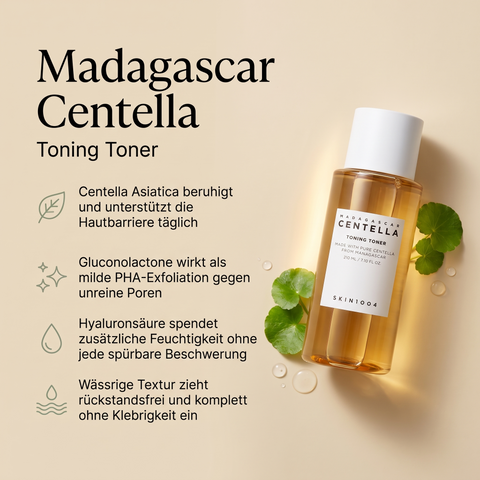 SKIN1004 Centella Toning Toner liegend mit Centella-Blättern und Tropfen, daneben Vorteile-Grafik zu PHA und Hyaluronsäure