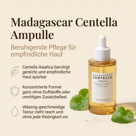 SKIN1004 Centella Ampulle mit Wassertropfen und Centella-Blättern, daneben Vorteile-Grafik zu duftstofffreier Formel
