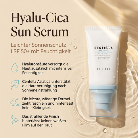 SKIN1004 Hyalu-Cica Sonnenserum LSF 50+ auf Wasseroberfläche mit Tropfen, daneben vier Produktvorteile