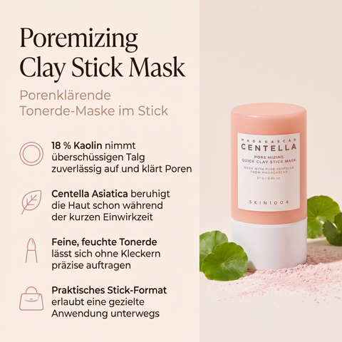 SKIN1004 Poremizing Clay Stick Mask mit Tonerde-Pulver und Centella-Blättern, daneben Vorteile-Grafik zu Kaolin