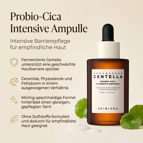 SKIN1004 Probio-Cica Intensive Ampulle mit Centella-Blättern und Tropfen, daneben Vorteile-Grafik zu Ceramiden