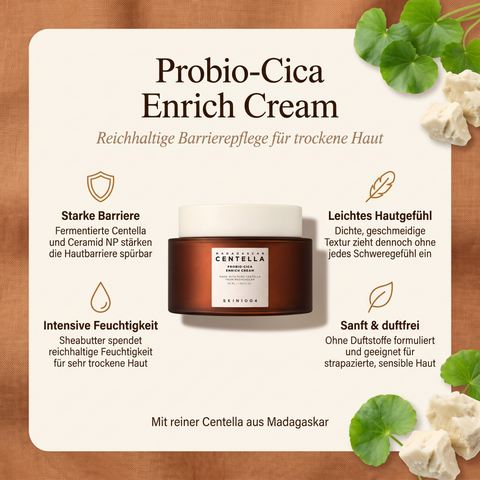 SKIN1004 Probio-Cica Enrich Cream im Tiegel mit Sheabutter und Centella, dazu Vorteile-Grafik für trockene Haut