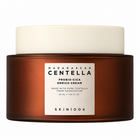 SKIN1004 Centella Probio-Cica Enrich Cream im braunen Tiegel mit heller Kappe, freigestelltes Produktfoto