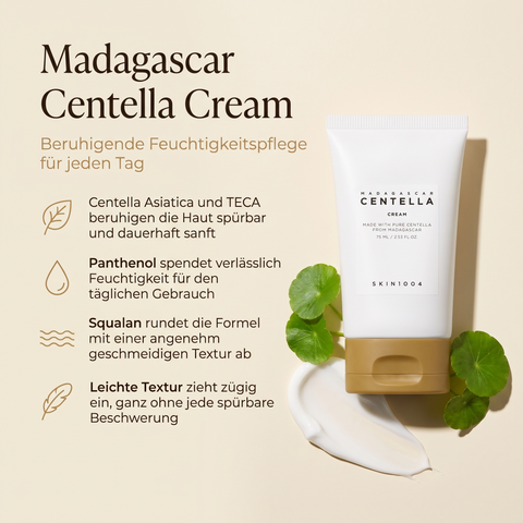 SKIN1004 Centella Cream mit Textur-Swatch und Centella-Blättern, daneben Vorteile-Grafik zu Panthenol und Squalan