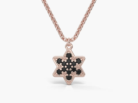 Necklace With Star Of David Pendant - Rose Gold Plating Set With Black Zircons