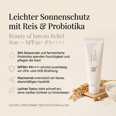 Vorteile der Beauty of Joseon Sonnencreme: 30% Reisextrakt und Probiotika spenden Feuchtigkeit, LSF 50+ PA++++ schützt vor UV-Strahlung, Niacinamid für ein klares Hautbild