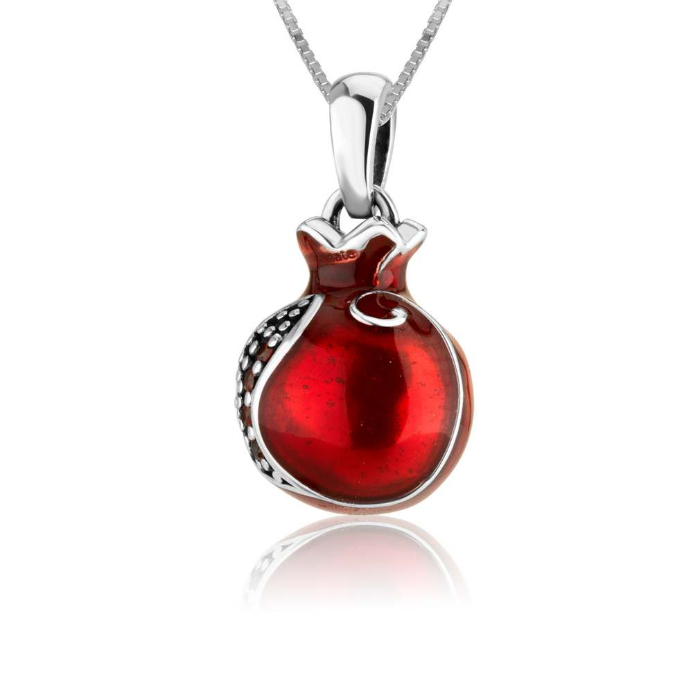 Silver chain with red pomegranate pendant