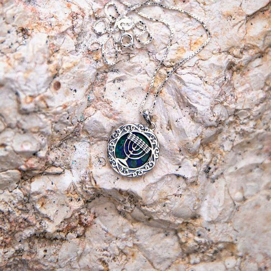 Menorah medallion silver pendant on Eilat azurite stone