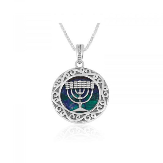 Menorah medallion silver pendant on Eilat azurite stone